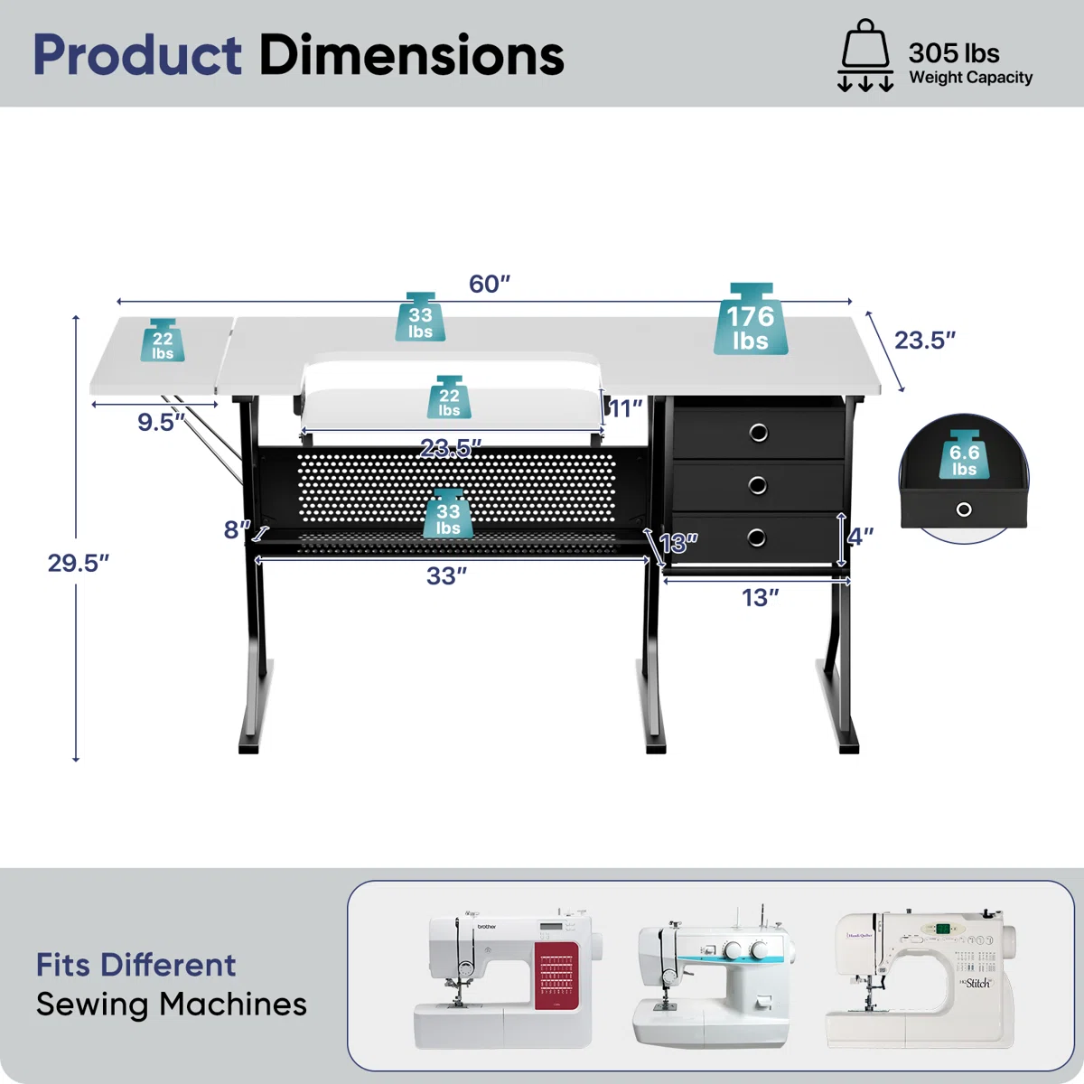 60" W X 23.5" D Sewing Table With Height Adjustable Platform - Image 4