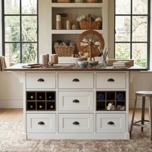 Expandable Farmhouse Craft Table With Storage Drawers, Wine Cubbies & Fold-Out Workspace For Sewing, Crafting, And Home Projects