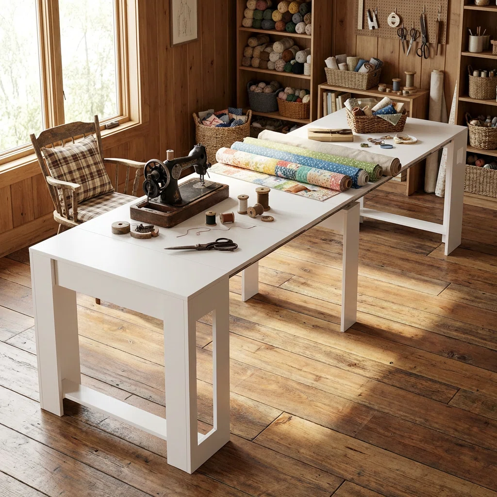 Expandable Solid Wood Craft & Sewing Table – 120” Extended Work Surface With Foldable Design For Home Studio